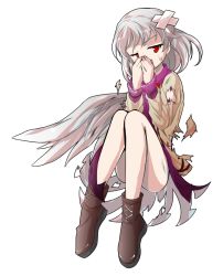 Rule 34 | 1girl, alphes (style), beaten, convenient leg, covering own mouth, crossed bandaids, dairi, dress, full body, hand over own mouth, jacket, kishin sagume, parody, red eyes, short hair, silver hair, single wing, solo, style parody, torn clothes, touhou, transparent background, wings