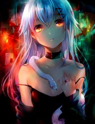 Rule 34 | 1girl, bare shoulders, camisole, choker, collarbone, commentary, gem, glowing, glowing eyes, hair between eyes, hair ornament, hairclip, highres, jewelry, looking at viewer, orange eyes, original, parted lips, ring, silver hair, snake, solo, strap slip, tlla, upper body, white snake