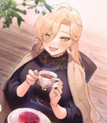Rule 34 | 1girl, :d, absurdres, black sweater, blonde hair, blush, cup, dutch angle, eyes visible through hair, fang, gelatin, hair between eyes, highres, holding, holding cup, long hair, long sleeves, looking at viewer, nijisanji, nui sociere, nui sociere (4th costume), open mouth, plant, plate, puffy long sleeves, puffy sleeves, riz3, skin fang, smile, solo, sweater, tea, teacup, upper body, virtual youtuber, yellow eyes