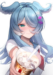 Rule 34 | 1girl, aqua eyes, blue hair, blue wings, bubble tea, commentary request, dayuh, drink, elira pendora, hair over one eye, head wings, holding, holding drink, long hair, looking at viewer, multicolored hair, nijisanji, nijisanji en, one eye covered, school uniform, serafuku, smile, solo, virtual youtuber, white background, white hair, wings
