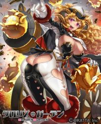 Rule 34 | 1girl, aries (chloris garden), ass, ass cutout, blonde hair, bodysuit, boots, breasts, butt crack, cannon, capelet, chloris garden, cleavage, clothing cutout, gloves, gold, grimgrim, hat, heart cutout, horns, huge ass, large breasts, long hair, looking at viewer, open mouth, pointy ears, purple eyes, shiny clothes, shiny skin, skin tight, smile, sweat, tongue, tongue out, weapon