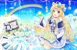 Rule 34 | 1girl, :d, ahoge, animal, animal ears, animal on shoulder, beamed semiquavers, bell, bird, blonde hair, blue bow, blue bowtie, blue capelet, blue eyes, blue flower, blue skirt, blue sky, blush, book, bow, bowtie, bulletin board, capelet, cat ears, chick, cloud, colored pencil, commentary request, crescent, crotchet, english text, flower, food, frilled capelet, frilled pillow, frilled skirt, frilled sleeves, frills, fruit, globe, hair between eyes, hair bow, hair ornament, hairclip, hand up, highres, light particles, long hair, long sleeves, looking at viewer, magic, menu, musical note, open book, open mouth, original, paper, paper stack, pencil, pennant, piano keys, pillow, pink flower, quaver, rabbit, rainbow, sakura oriko, sheet music, shirt, sitting, skirt, sky, smile, solo, star (symbol), star hair ornament, strawberry, translation request, very long hair, wariza, water, white flower, white shirt, wide sleeves, x hair ornament, yellow flower