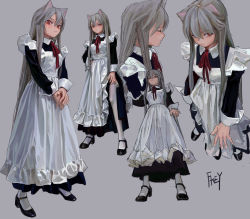 Rule 34 | 1girl, animal ears, apron, artist name, cat ears, dress, expressionless, closed eyes, female focus, fkey, frilled apron, frills, grey background, grey hair, high heels, long hair, maid, mary janes, original, pantyhose, red eyes, shoes, simple background, sleeve cuffs, solo, white apron, white pantyhose