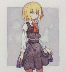 Rule 34 | 1546677594, 1girl, absurdres, ascot, black skirt, black vest, blonde hair, closed mouth, collared shirt, cowboy shot, hair ornament, highres, long sleeves, looking at viewer, painting (medium), red ascot, red eyes, red ribbon, ribbon, rumia, shirt, short hair, skirt, skirt hold, skirt set, sleeve garter, smile, solo, touhou, traditional media, vest, watercolor (medium), white shirt