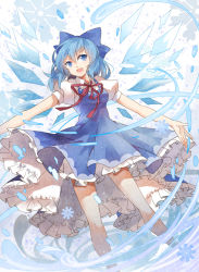 Rule 34 | 1girl, blue eyes, blue hair, bow, cirno, dress, fang, hair bow, matching hair/eyes, open mouth, outstretched arms, ribbon, short hair, snowflakes, solo, spread arms, touhou, tsukii, water, wings