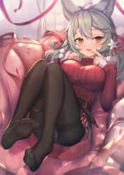 Rule 34 | 1girl, :d, ahoge, animal ears, black pantyhose, blush, breasts, brown eyes, couch, curtains, fur-trimmed sleeves, fur trim, granblue fantasy, grey hair, hair between eyes, hands up, highres, indoors, large breasts, long sleeves, looking at viewer, lying, no shoes, on back, on couch, open mouth, panties, panties under pantyhose, pantyhose, petals, pleated skirt, red skirt, red sweater, ribbed sweater, sen (granblue fantasy), skirt, sleeves past wrists, smile, soles, solo, streamers, sweater, thighband pantyhose, underwear, uneg, white panties, window