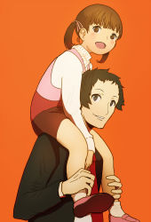 Rule 34 | 1boy, 1girl, adachi tooru, black hair, brown eyes, brown hair, child, commentary request, doujima nanako, dress, formal, hasukawa isaburou, highres, open mouth, orange background, persona, persona 4, short hair, short twintails, skirt, smile, socks, suit, sweater, twintails, white legwear, white sweater