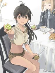 Rule 34 | 2girls, belt, black hair, blush, brown eyes, brown shorts, chair, collared shirt, commentary request, croissant, crop top, crop top overhang, food, fruit, grey shirt, holding, holding food, kiwi (fruit), knife, light brown hair, long hair, looking at viewer, luminous witches, manaia matawhaura hato, maria magdalena dietrich, micro shorts, midriff, military, military uniform, multiple girls, navel, open mouth, ponytail, shirt, shorts, sitting, sleeves rolled up, spoon, stomach, thighs, twitter username, uniform, world witches series, wss (32656138)