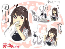 Rule 34 | + +, 10s, 1boy, 1girl, :o, admiral (kancolle), akagi (kancolle), biting another&#039;s hand, biting hand, blush stickers, brown eyes, brown hair, character name, chestnut mouth, food, heart, heart-shaped pupils, kantai collection, long hair, muneate, saliva, sandwich, suzuki toto, symbol-shaped pupils, translation request, twitter username