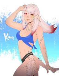 Rule 34 | 1girl, artist name, au ra, bikini, blush, breasts, cleavage, commission, dragon horns, dragon tail, final fantasy, final fantasy xiv, from side, heterochromia, highres, horns, koyorin, long hair, looking at viewer, medium breasts, mismatched bikini, multicolored hair, orange eyes, pink hair, red eyes, scales, solo, swimsuit, tail, two-tone hair, warrior of light (ff14)