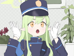Rule 34 | 1girl, :o, absurdres, armband, bag, black hat, blue archive, blue armband, buttons, double-breasted, gloves, green hair, green halo, halo, hands up, hat, hikari (blue archive), highres, long hair, long sleeves, open mouth, peaked cap, plant, pointy ears, potted plant, shoulder bag, sidelocks, signalviolet, solo, thick eyebrows, uniform, upper body, white gloves, yellow eyes
