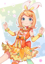 Rule 34 | 1girl, animal ears, asymmetrical legwear, blonde hair, blue eyes, bow, bowtie, commentary, cowboy shot, detached sleeves, frilled skirt, frilled sleeves, frills, hair ornament, hairband, hairclip, highres, kagamine rin, layered skirt, looking at viewer, orange shirt, orange skirt, orange thighhighs, pom pom (clothes), project sekai, rabbit ears, sazanami (ripple1996), shirt, short hair, shoulder tattoo, single thighhigh, skirt, sleeveless, sleeveless shirt, smile, solo, star (symbol), star hair ornament, starry background, swept bangs, tattoo, thighhighs, uneven legwear, vocaloid, wonderlands x showtime rin, yellow sleeves