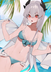 Rule 34 | 1girl, :o, absurdres, aqua bikini, bebe (bebe pp), bikini, blue nails, blurry, blurry background, blurry foreground, blush, breasts, cleavage, collarbone, commentary request, cowboy shot, day, dutch angle, eyebrows hidden by hair, fate/grand order, fate (series), female focus, frilled bikini, frills, hair between eyes, highres, holding, holding towel, horns, kiyohime (fate), kiyohime (swimsuit lancer) (third ascension) (fate), long hair, looking at viewer, medium breasts, nail polish, navel, outdoors, red eyes, silver hair, sky, solo, standing, swimsuit, towel, wet