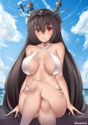 Rule 34 | 10s, 1girl, aircraft, bare shoulders, bikini, black hair, blue sky, blush, breasts, breasts apart, cleavage, cloud, collarbone, criss-cross halter, crossed legs, day, halterneck, headgear, highres, kanachirou, kantai collection, large breasts, lips, long hair, looking at viewer, nagato (kancolle), ocean, outdoors, red eyes, sitting, skindentation, sky, smile, solo, swimsuit, twitter username, water, white bikini