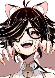 Rule 34 | 1girl, absurdres, animal ear fluff, animal print, black eyes, black hair, blush, brown eyes, china dress, chinese clothes, chinese zodiac, crack, cracked glass, dress, fangs, glasses, hair over one eye, highres, kemonomimi mode, multicolored hair, nail polish, one eye covered, open mouth, orange hair, original, smile, solo, streaked hair, tiger print, unexistarts, uni (unexistarts), white background, white dress, year of the tiger