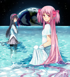 Rule 34 | 10s, 2girls, akemi homura, black hair, closed eyes, dress, earth (planet), gloves, kaname madoka, long hair, mahou shoujo madoka magica, mahou shoujo madoka magica (anime), meiko (puua), multiple girls, pantyhose, pink eyes, pink hair, planet, spoilers, submerged, tears, twintails, two side up, ultimate madoka, very long hair, wading, water, wet, wet clothes