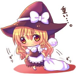 Rule 34 | 1girl, bag, blonde hair, chibi, chocolat (momoiro piano), christmas, female focus, full body, hat, kirisame marisa, long hair, simple background, solo, touhou, translation request, white background, witch, witch hat, yellow eyes