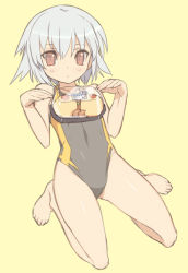 Rule 34 | 10s, 1girl, bad id, bad pixiv id, barefoot, ben-tou, bento, blade (galaxist), blush, brown eyes, competition swimsuit, food, full body, grey hair, kneeling, omelet, one-piece swimsuit, pudding, red eyes, sexually suggestive, short hair, simple background, solo, swimsuit, yarizui sen, yellow background