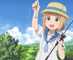 Rule 34 | 1girl, arm up, blush, brown eyes, brown hair, bucket hat, cloud, day, dot nose, fishing hook, fishing line, fishing rod, hat, holding, holding fishing rod, houkago teibou nisshi, medium hair, nature, open mouth, outdoors, scenery, school uniform, short sleeves, sky, solo, stitched, third-party edit, tsurugi hina