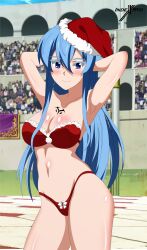 Rule 34 | 1girl, absurdres, akame ga kill!, armpits, arms behind head, arms up, artist name, bare shoulders, bikini, blue eyes, blue hair, blush, bow, bow bikini, breasts, christmas, closed mouth, collarbone, cowboy shot, esdeath, feet out of frame, hat, highres, indexryo, large breasts, long hair, navel, santa bikini, santa hat, shiny skin, smile, smils, swimsuit, tattoo on neck, thighs