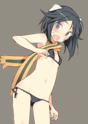 Rule 34 | 10s, 1girl, animal ears, bikini, black bikini, black eyes, black hair, blush, brave witches, covered erect nipples, fang, flat chest, kanno naoe, looking at viewer, lowres, open mouth, scarf, shimada fumikane, short hair, side-tie bikini bottom, solo, strike witches, swimsuit, world witches series