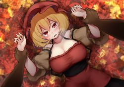 Rule 34 | 1girl, absurdres, aki minoriko, autumn leaves, bare shoulders, black sash, blonde hair, blush, breasts, cleavage, collarbone, commentary request, detached sleeves, dress, grabbing, hair between eyes, halterneck, hands up, hat, highres, huge filesize, kushidama minaka, large breasts, looking at viewer, lying, mob cap, on back, open mouth, pov, puffy short sleeves, puffy sleeves, red dress, red eyes, red headwear, sash, short hair, short sleeves, solo focus, touhou, upper body