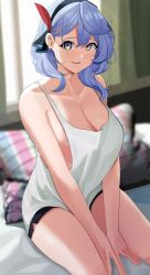 Rule 34 | 1girl, absurdres, ako (blue archive), arms between legs, bare shoulders, black hairband, black shorts, blue archive, blue eyes, blue hair, blush, breasts, cleavage, collarbone, commentary, earrings, haerge, hairband, highres, jewelry, large breasts, lens flare, looking at viewer, mole, mole on breast, multicolored eyes, no bra, on bed, parted lips, pillow, short shorts, shorts, sideboob, sitting, smile, tank top, thighs, v arms, white tank top, yellow eyes