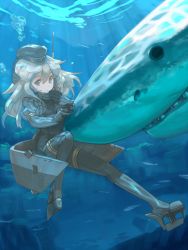 Rule 34 | 10s, 1girl, animal, bad id, bad pixiv id, black dress, black pantyhose, blonde hair, blue eyes, bokaa (exploration), bubble, cropped jacket, dress, fish, garrison cap, great white shark, hair between eyes, hand to own mouth, hat, kantai collection, light rays, long hair, long sleeves, machinery, military, military uniform, pantyhose, puffy long sleeves, puffy sleeves, shark, short dress, solo, sunbeam, sunlight, thigh strap, u-511 (kancolle), underwater, uniform, water