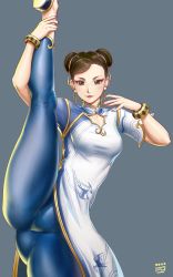 Rule 34 | 1girl, absurdres, blue pants, bracelet, capcom, chest cutout, chinese clothes, chun-li, double bun, earrings, eyeshadow, finalcake, flexible, hair bun, hair ribbon, highres, jewelry, leg hold, leg lift, leg up, looking at viewer, makeup, pants, pearl earrings, red lips, ribbon, short sleeves, smile, solo, split, standing, standing on one leg, standing split, street fighter, street fighter 6