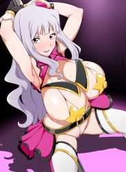 Rule 34 | 1girl, armpits, arms up, black gloves, blunt bangs, blush, breasts, cleft of venus, covered erect nipples, gloves, gold trim, hat, huge breasts, idolmaster, idolmaster (classic), idolmaster stella stage, jabara tornado, long hair, looking at viewer, mini hat, open mouth, overskirt, pasties, pole, pole dancing, purple eyes, shadow, shijou takane, silver hair, smile, solo, star pasties, sweat, thighhighs, top! clover, white thighhighs