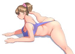 Rule 34 | 1girl, ass, blush, breasts, brown hair, cleavage, feet, inner map, legs apart, leotard, lipstick, makeup, ponytail, red lips, stretching, thick thighs, thighs, yoga