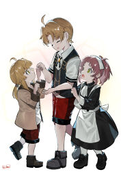 Rule 34 | 1boy, 2girls, :o, absurdres, ahoge, aisha greyrat, apron, ascot, black dress, black footwear, black vest, blonde hair, brother and sister, brown coat, brown footwear, clothes pull, coat, collar, collared shirt, dated, dress, family, flat chest, green eyes, grey footwear, highres, holding hands, light blush, long bangs, looking at another, maid, maid headdress, medium hair, multiple girls, mushoku tensei, norn greyrat, open mouth, ponytail, red hair, red shorts, rudeus greyrat, sen-jou, shirt, short hair, shorts, siblings, signature, simple background, sisters, smile, standing, standing on one leg, vest, waist apron, white apron, white ascot, white collar, white shirt