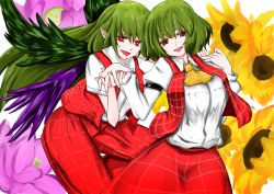 Rule 34 | 1girl, armband, ascot, colored eyelashes, dual persona, fang, floral background, flower, green hair, head tilt, heads together, highres, holding hands, kazami yuuka, long hair, long sleeves, looking at viewer, negataipa, open clothes, open mouth, open vest, pants, plaid, plaid pants, plaid skirt, plaid vest, pointy ears, red eyes, seihou, short hair, short sleeves, skirt, smile, sunflower, touhou, very long hair, vest, white background, wings