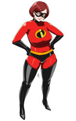 Rule 34 | 1girl, bodysuit, boots, breasts, brown eyes, brown hair, disney, domino mask, elastigirl, ganto, gloves, hands on own hips, helen parr, hip focus, large breasts, latex, latex gloves, latex suit, lipstick, looking away, looking to the side, makeup, mask, mature female, pixar, short hair, simple background, smile, the incredibles, thick thighs, thigh boots, thighhighs, thighs, white background, wide hips