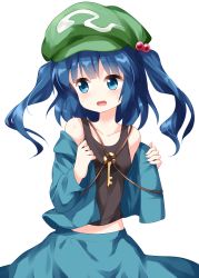 Rule 34 | 1girl, bare shoulders, black tank top, blue eyes, blue hair, blue jacket, blue skirt, blush, breasts, cabbie hat, collarbone, commentary request, cowboy shot, green hat, hair bobbles, hair ornament, hat, highres, jacket, kawashiro nitori, key, long hair, long sleeves, midriff, off shoulder, open clothes, open jacket, open mouth, ruu (tksymkw), simple background, skirt, small breasts, solo, standing, sweat, tank top, touhou, two side up, white background