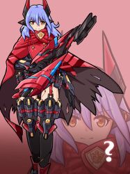 Rule 34 | 1girl, ?, android, black gloves, black leotard, black thighhighs, blue hair, brown eyes, cloak, closed mouth, commentary, english commentary, gloves, gun, hair between eyes, headgear, highres, holding, holding gun, holding weapon, i llius, leotard, long hair, looking at viewer, poppi (xenoblade), poppi qtpi (xenoblade), red background, red cloak, simple background, solo, thighhighs, torn cloak, torn clothes, weapon, xenoblade chronicles (series), xenoblade chronicles 2, zoom layer