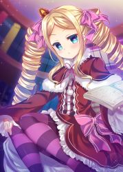Rule 34 | 10s, 1girl, :/, beatrice (re:zero), blush, book, bookshelf, bow, bug, butterfly, butterfly-shaped pupils, capelet, closed mouth, colored eyelashes, colored stripes, crown, dress, drill hair, expressionless, eyelashes, frilled dress, frills, fur trim, glint, hair bow, heart, heart-shaped pupils, highres, holding, holding book, horizontal-striped legwear, insect, long hair, long sleeves, looking at viewer, mini crown, open book, pantyhose, pink bow, pink ribbon, pom pom (clothes), purple pantyhose, re:zero kara hajimeru isekai seikatsu, red dress, ribbon, sidelocks, sleeves past wrists, solo, striped clothes, striped pantyhose, suzunone rena, symbol-shaped pupils, twin drills, twintails, very long hair