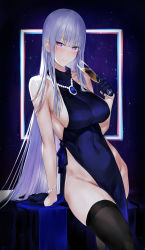 Rule 34 | 1girl, akitaka akita, alcohol, bare hips, bare legs, bare shoulders, black thighhighs, blue dress, blue gloves, blunt bangs, blush, bracelet, breasts, champagne, champagne flute, closed mouth, covered navel, cowboy shot, cup, dark background, dress, drinking glass, gloves, groin, highres, holding, holding cup, jewelry, large breasts, long hair, looking at viewer, necklace, original, pelvic curtain, purple eyes, sideboob, silver hair, sleeveless, sleeveless dress, smile, solo, thighhighs, very long hair