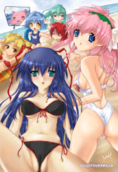 Rule 34 | 00s, 6+girls, ass, beach, bikini, blonde hair, blue eyes, blue hair, blush, breasts, buried, casual one-piece swimsuit, dutch angle, covered erect nipples, forte stollen, front-tie bikini top, galaxy angel, green eyes, green hair, highres, karasuma chitose, large breasts, looking at viewer, looking back, medium breasts, milfeulle sakuraba, mint blancmanche, monocle, multiple girls, naka (illust-guerrilla), normad, one-piece swimsuit, outdoors, partially visible vulva, pink hair, ranpha franboise, red eyes, red hair, school swimsuit, shark fin, side-tie bikini bottom, small breasts, swimsuit, underboob, vanilla h, wet, yellow eyes