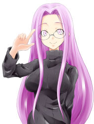 Rule 34 | 1girl, breasts, fate/hollow ataraxia, fate/stay night, fate (series), glasses, long hair, medusa (fate), medusa (rider) (fate), official alternate costume, pink eyes, purple eyes, purple hair, solo, square pupils, sweater, very long hair, zanku