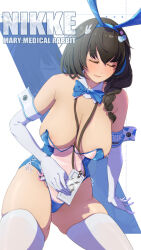 Rule 34 | 1girl, animal ears, areola slip, blue bow, blue bowtie, blue hair, blue leotard, bowtie, breasts, brown hair, character name, closed eyes, contrapposto, detached collar, elbow gloves, fake animal ears, gloves, goddess of victory: nikke, holding, id card, large breasts, leotard, long hair, mary (medical rabbit) (nikke), mary (nikke), multicolored hair, official alternate costume, playboy bunny, rabbit ears, saishichi, see-through, see-through leotard, solo, strapless, strapless leotard, streaked hair, thighhighs, twitter username, white gloves, white thighhighs