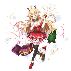 Rule 34 | &gt; &lt;, 1girl, :3, ;d, antlers, bare shoulders, black thighhighs, blonde hair, blush, blush stickers, boots, box, breasts, christmas, christmas ornaments, christmas tree, commentary request, dress, elbow gloves, frilled dress, frills, fur-trimmed dress, fur-trimmed gloves, fur trim, gift, gift box, gloves, head tilt, highres, holding, horns, kkkkkey, large breasts, long hair, looking at viewer, one eye closed, open mouth, original, party popper, red dress, red footwear, red ribbon, reindeer antlers, ribbon, scarf, simple background, sleeveless, sleeveless dress, smile, snowflakes, snowman, solo, standing, standing on one leg, star (symbol), striped clothes, striped scarf, thighhighs, vertical-striped clothes, vertical-striped scarf, very long hair, white background, white gloves