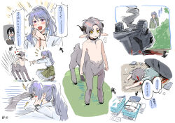 Rule 34 | ..., 3girls, absurdres, androgynous, animal ears, arrow (symbol), bed, black collar, blood, bush, car, car crash, centauroid, collar, commentary request, earrings, fenegar, full body, goat ears, goat girl, goat horns, goat tail, grass, grey fur, grey hair, hand up, hands up, highres, hooves, horizontal pupils, horns, jewelry, kicking, long hair, looking at viewer, low horns, lying, medium hair, monster girl, motor vehicle, multiple girls, multiple views, on stomach, open mouth, original, outstretched arms, own hands clasped, own hands together, parted lips, ponytail, purple eyes, purple hair, reaching towards another, short eyebrows, smoke, spoken ellipsis, squatting, standing, taur, thought bubble, yellow eyes