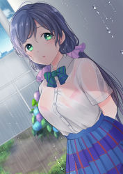 Rule 34 | 1girl, :o, absurdres, arms behind back, blue skirt, blush, bow, bowtie, bra, breasts, cloud, green eyes, highres, kazepana, large breasts, long hair, looking at viewer, love live!, love live! school idol project, low twintails, miniskirt, open mouth, otonokizaka school uniform, outdoors, pink bra, plaid, plaid skirt, pleated skirt, purple hair, rain, school uniform, scrunchie, see-through, shirt, shirt tucked in, short sleeves, skirt, sky, solo, striped bow, striped bowtie, striped clothes, striped neckwear, summer uniform, swept bangs, tojo nozomi, twintails, underwear, very long hair, water drop, wet, wet clothes, wet hair, wet shirt, white shirt