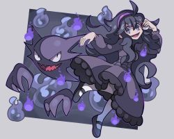 Rule 34 | 1girl, :d, @ @, ahoge, black footwear, black hair, border, commentary request, creatures (company), curly hair, dress, game freak, gen 1 pokemon, grey border, hair between eyes, hairband, haunter, hex maniac (pokemon), highres, holding, holding poke ball, long hair, long sleeves, nail polish, nintendo, open mouth, pantyhose, poke ball, poke ball (basic), pokemon, pokemon (creature), pokemon xy, purple hairband, purple nails, shoes, smile, sutokame, tongue, white pantyhose