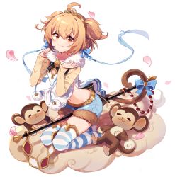 Rule 34 | 1girl, :3, = =, ahoge, andira (granblue fantasy), bell, between legs, blonde hair, blue bow, blue shorts, blush, bow, brown eyes, cleavage cutout, closed mouth, clothing cutout, cloud, from side, fur trim, gold trim, granblue fantasy, highres, jingle bell, kneeling, long sleeves, looking at viewer, lying, monkey, monkey tail, navel, on back, petals, sharlorc, short twintails, shorts, staff, striped clothes, striped thighhighs, tail, tail bell, tail bow, tail ornament, thighhighs, twintails, white background
