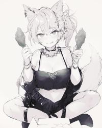 Rule 34 | 1girl, :q, animal ears, bare legs, bare shoulders, breasts, choker, cleavage, commentary, crop top, crop top overhang, food, fox ears, fox girl, fox tail, greyscale, hair ornament, highres, holding, holding food, indian style, jacket, jewelry, large breasts, long hair, looking at viewer, midriff, monochrome, necklace, off shoulder, open clothes, open jacket, original, raised eyebrow, shirt, side ponytail, sitting, sleeveless, sleeveless shirt, socks, solo, spaghetti strap, tail, tongue, tongue out, yatsuha (hachiyoh)