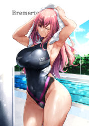 Rule 34 | 1girl, alternate costume, armpits, arms up, azur lane, bare shoulders, black one-piece swimsuit, blue sky, breasts, bremerton (azur lane), chain-link fence, character name, cloud, commentary request, competition swimsuit, covered navel, crop top, day, drying, drying hair, fence, grey hair, groin, hair between eyes, highleg, highres, large breasts, lens flare, long hair, mole, mole under eye, multicolored hair, one-piece swimsuit, open mouth, oriue wato, outdoors, page number, pink eyes, pink hair, pool, poolside, sidelocks, sky, solo, standing, star (symbol), star print, streaked hair, swimsuit, towel, towel on head, two-tone hair, wet