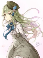 Rule 34 | 1girl, blue ribbon, brown hat, closed mouth, collared shirt, commentary request, floating hair, green eyes, green hair, grey skirt, hair ornament, hat, high-waist skirt, highres, hoshizaki reita, leaning forward, long hair, long sleeves, looking at viewer, male focus, multicolored hair, neck ribbon, pink hair, pinocchio (sinoalice), ribbon, shirt, signature, sinoalice, skirt, smile, solo, white shirt, wing collar