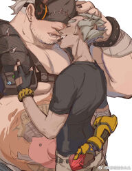 Rule 34 | 2boys, ashthepenguin, bald spot, bara, belly, candy, chest harness, chocolate, chocolate heart, couple, ear piercing, fat, fat man, food, happy, harness, heart, highres, junkrat (overwatch), large hands, large pectorals, male focus, mask, multiple boys, muscular, muscular male, overwatch, pectoral cleavage, pectorals, piercing, pig tattoo, roadhog (overwatch), short hair, shy, size difference, smile, stomach, tattoo, thick eyebrows, topless male, underpec, valentine, yaoi